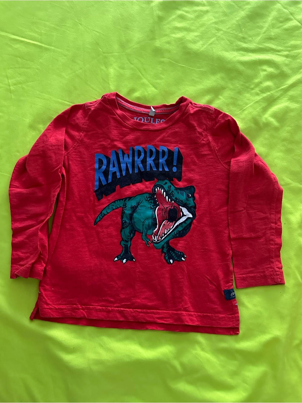 Joules Red Long-Sleeve Tee with Green Dinosaur 'RAWRRR!' Graphic
